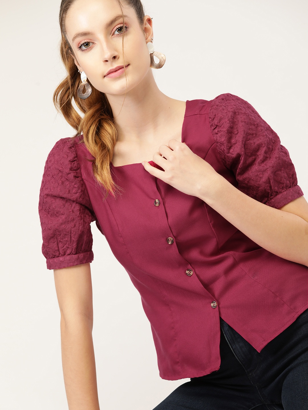 

DressBerry Magenta Top With Schiffli Embroidered Puff Sleeves