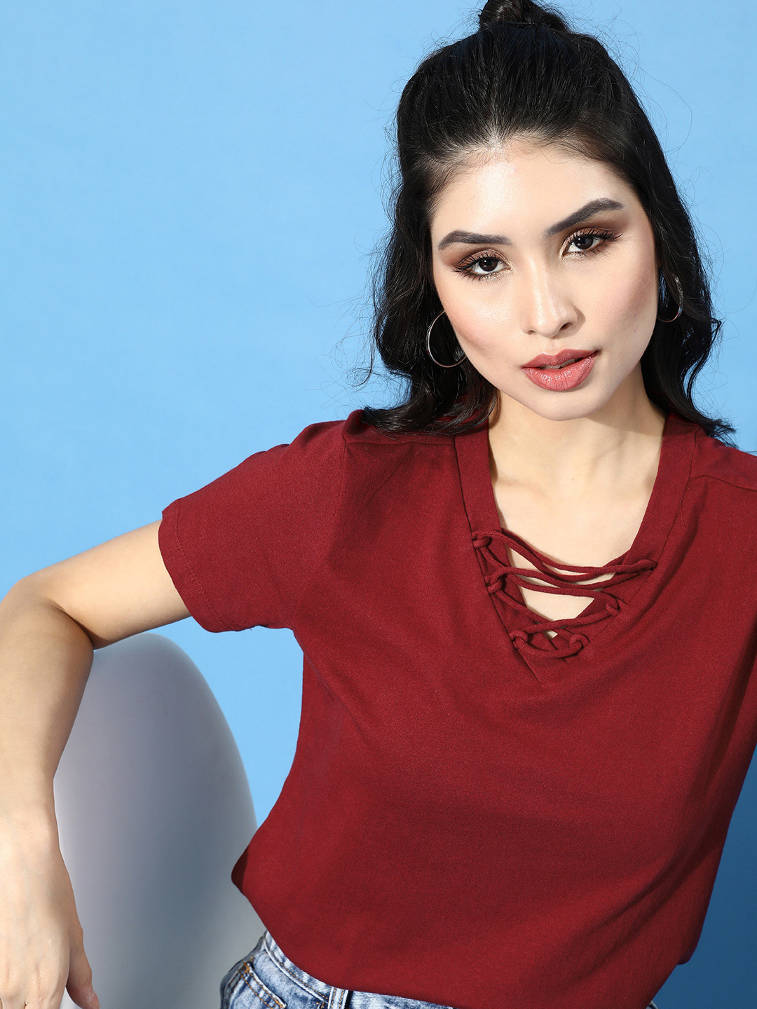

DressBerry Women Maroon Solid Regular Top With Stylized V-Neck