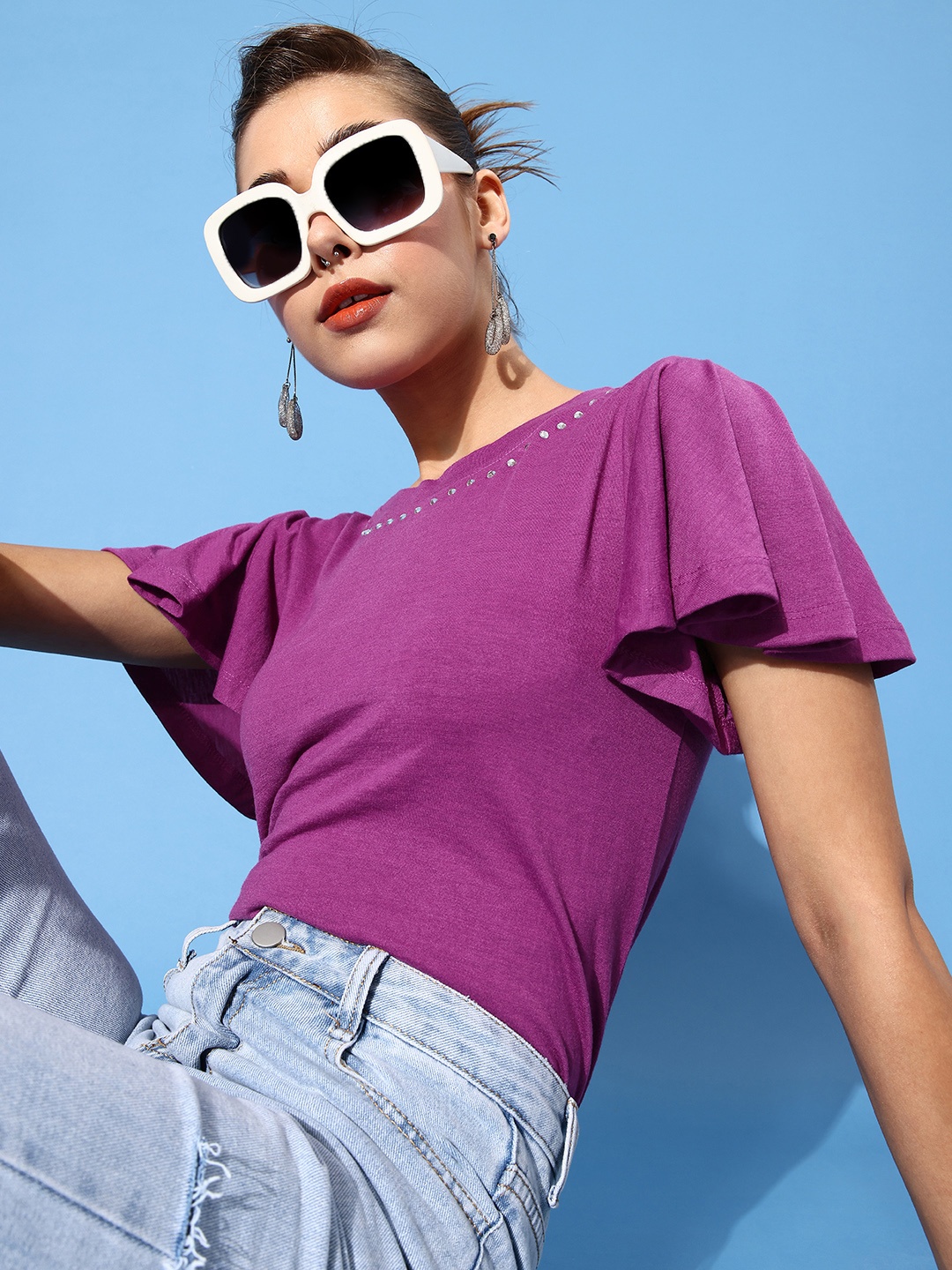 

DressBerry Purple Studded Flared Sleeves Top