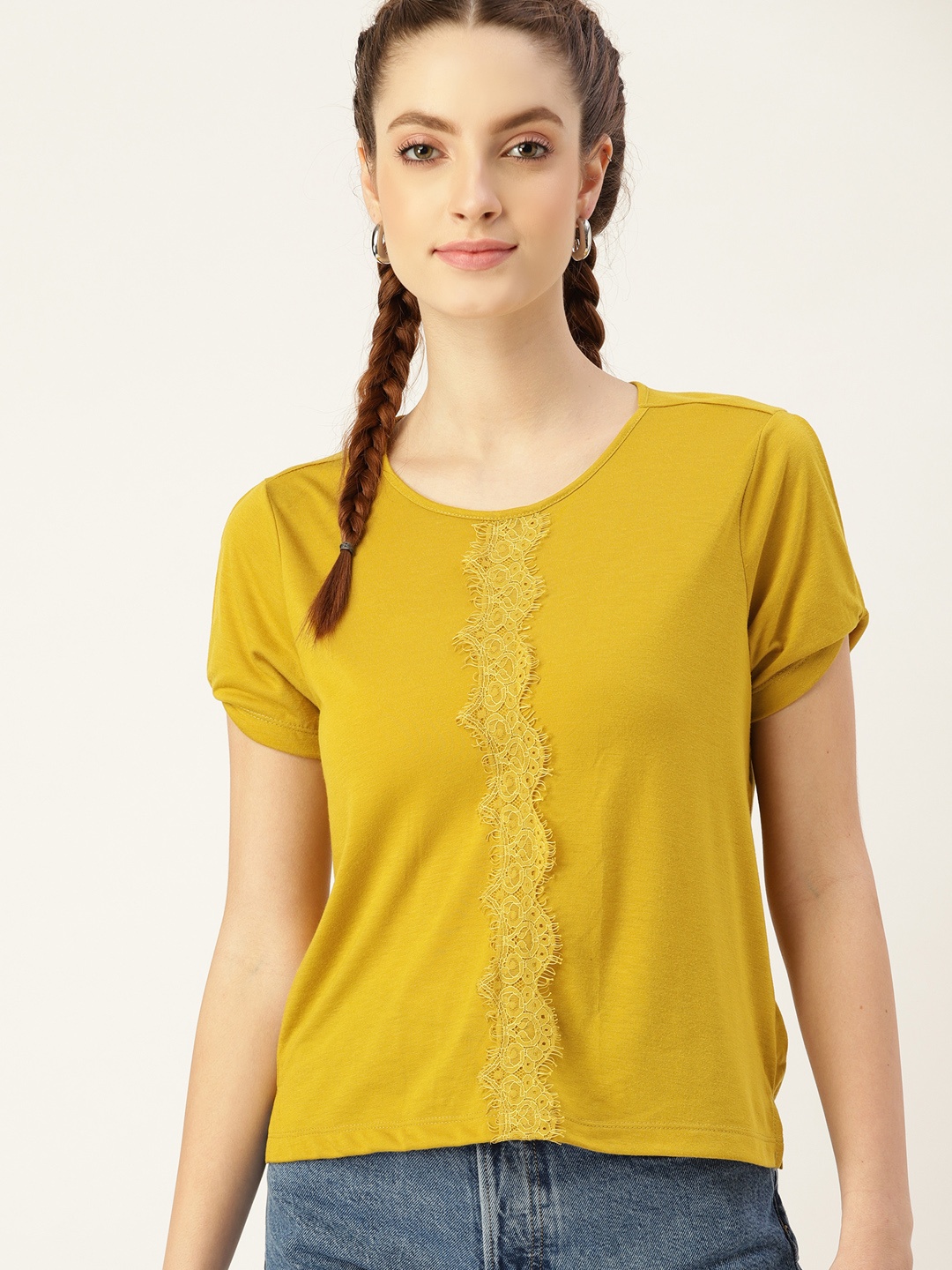 

DressBerry Mustard Yellow Lace Insert Slit Sleeves Top