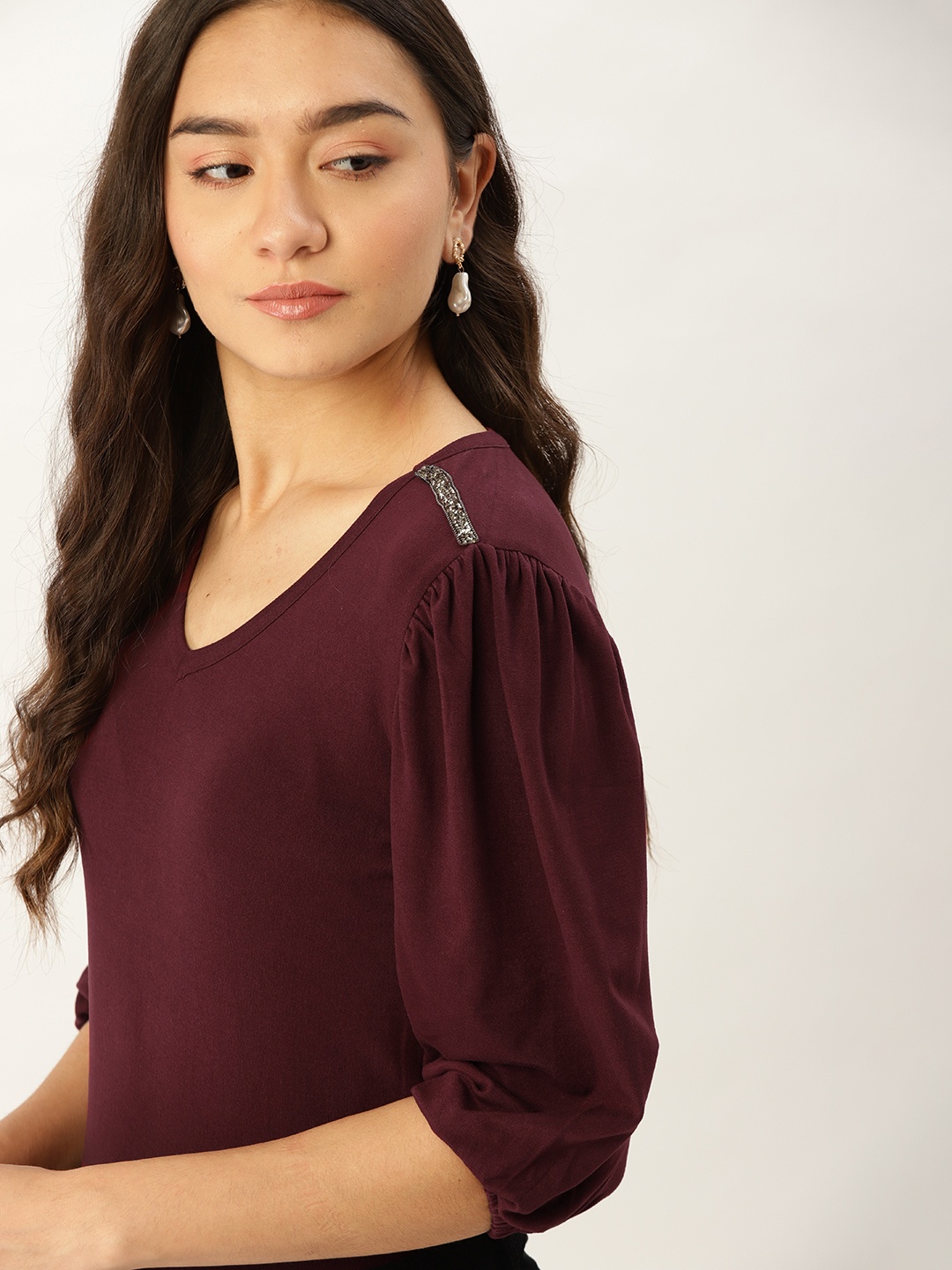 

DressBerry Maroon Solid Embellish Detailed Top