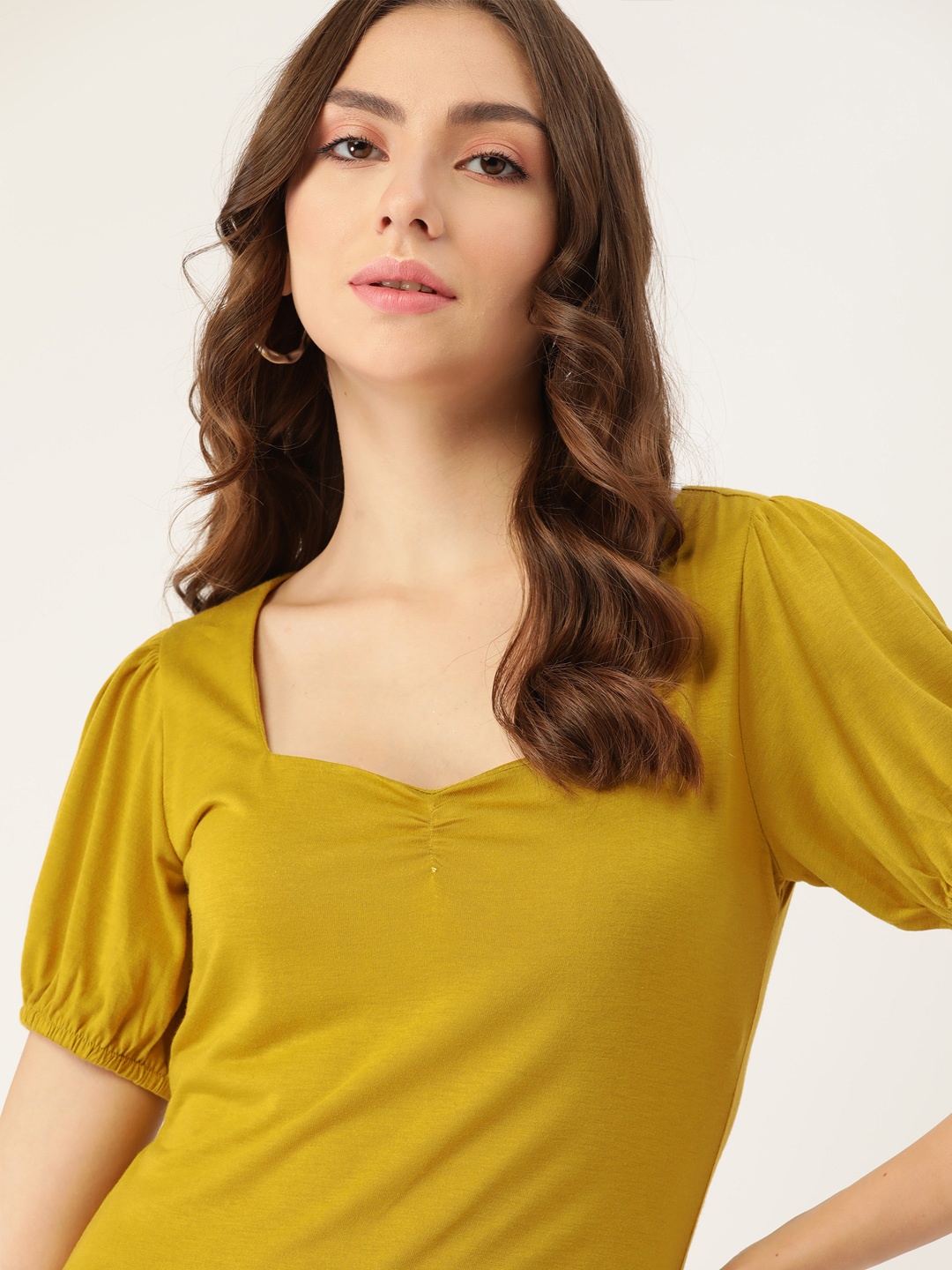 

DressBerry Mustard Yellow Square Neck Puff Sleeves Top