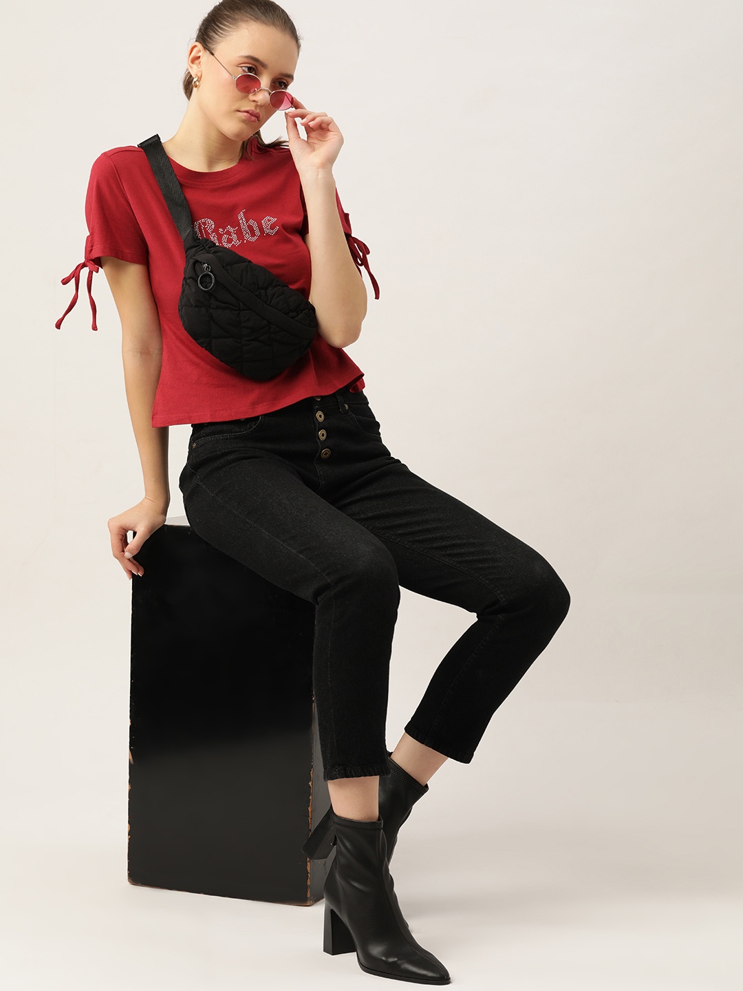 

DressBerry Maroon & Silver Embellished Typography Print Regular Top