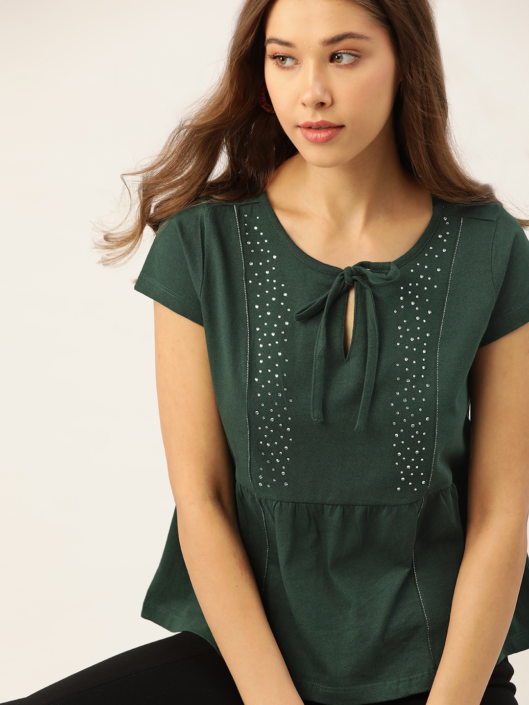 

DressBerry Green Embellished Tie-Up Neck Studded A-Line Top