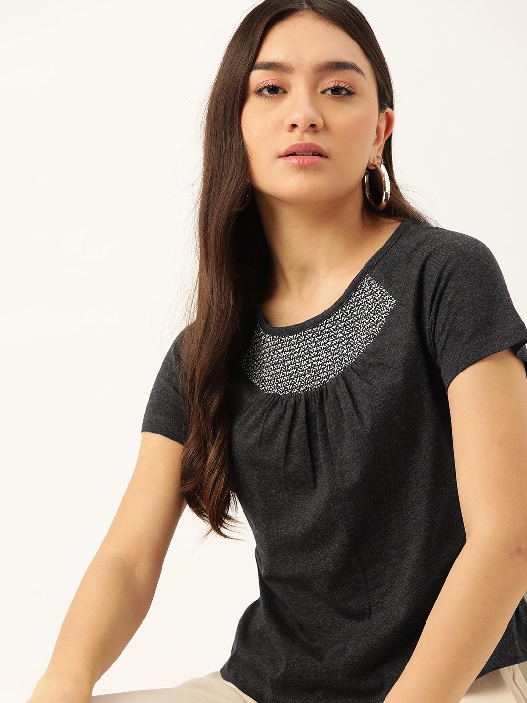 

DressBerry Women Charcoal Grey Solid A-Line Top