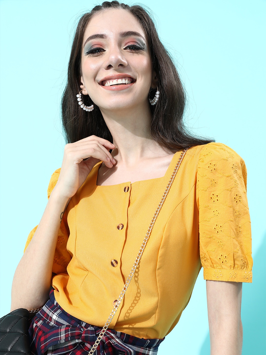 

DressBerry Mustard Yellow Solid Schiffli Regular Top