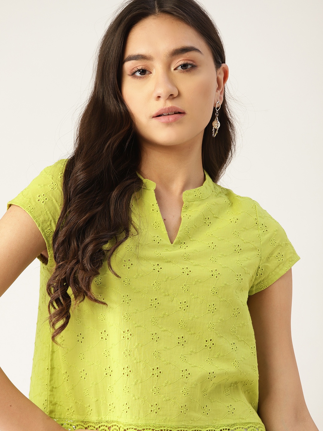

DressBerry Lime Green Pure Cotton Schiffli Embroidered Regular Top