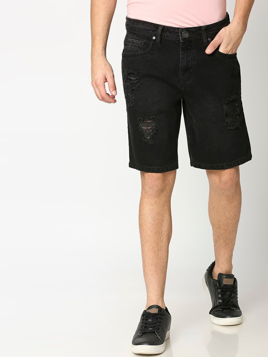 

High Star Men Black Solid Regular Fit Denim Shorts