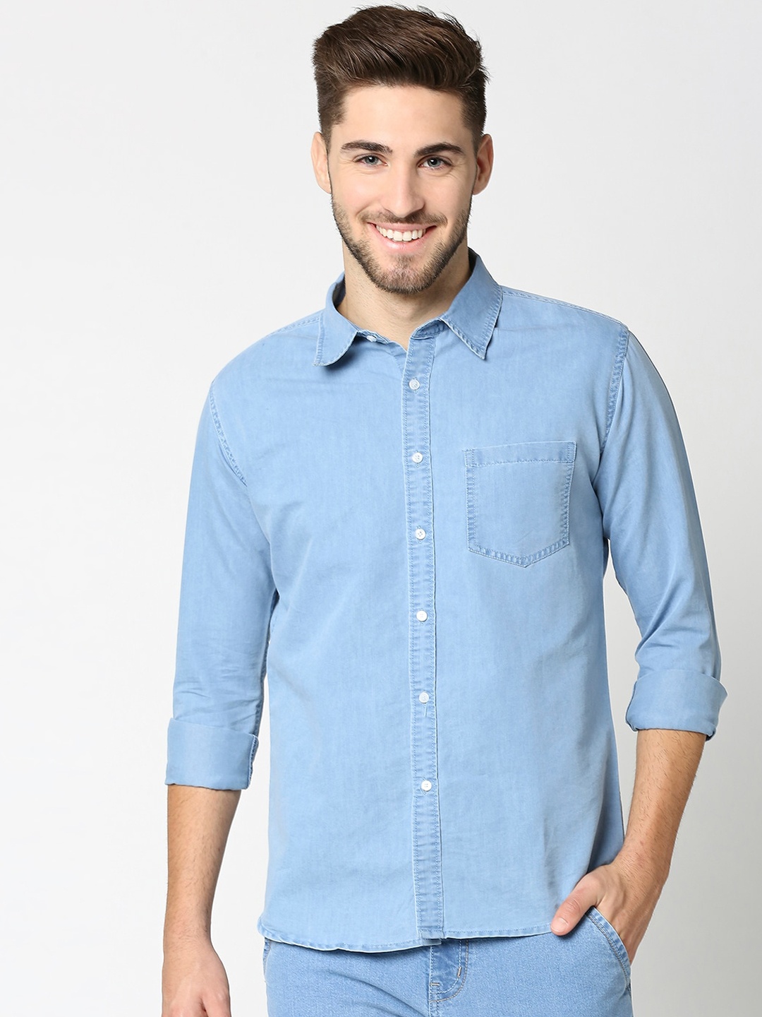 

High Star Men Blue Solid Denim Slim Fit Casual Shirt