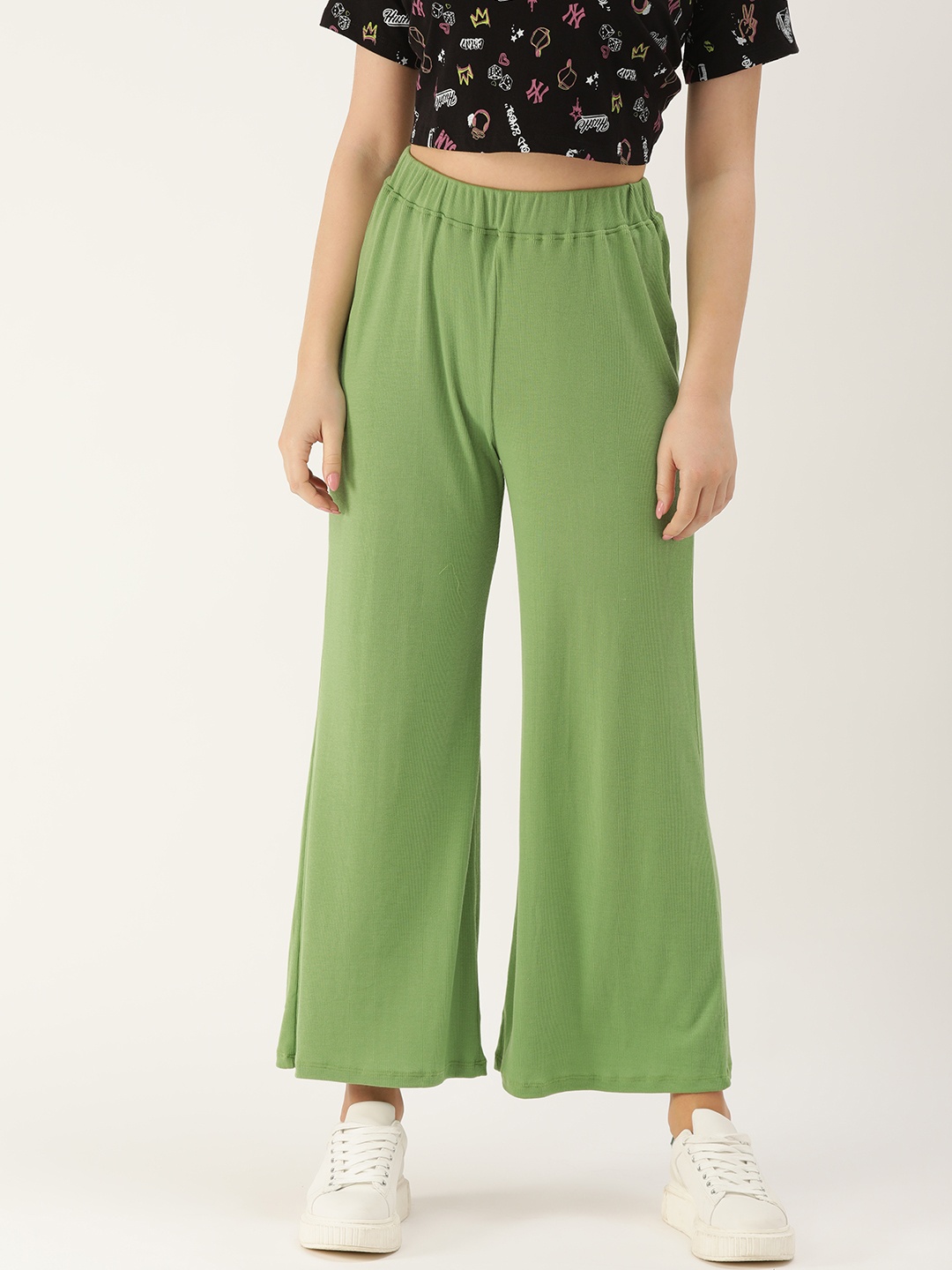 

DressBerry Women Green Solid Knitted Wide Leg Palazzos