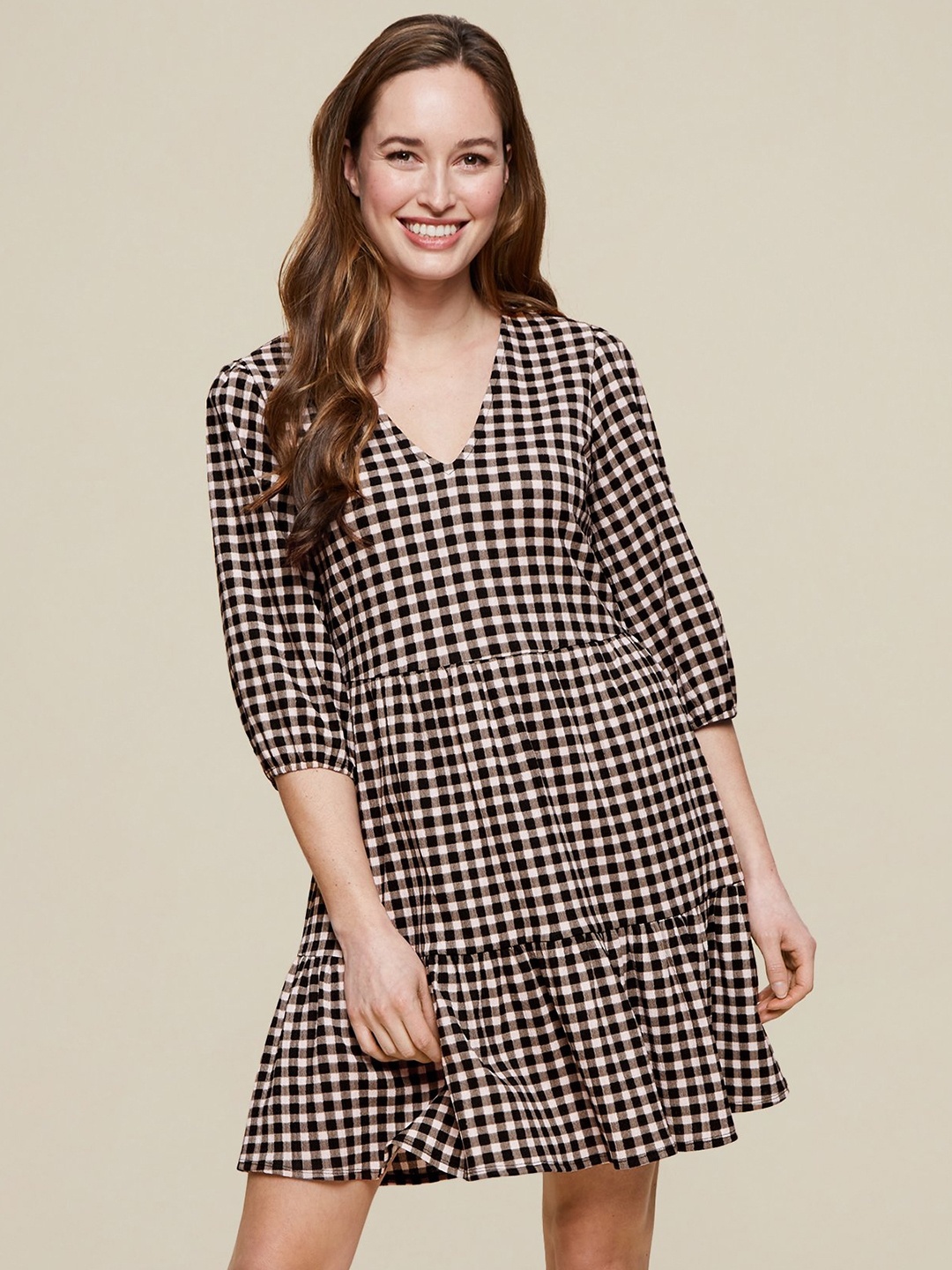 

DOROTHY PERKINS Women Black & Pink Checked Tiered A-Line Dress