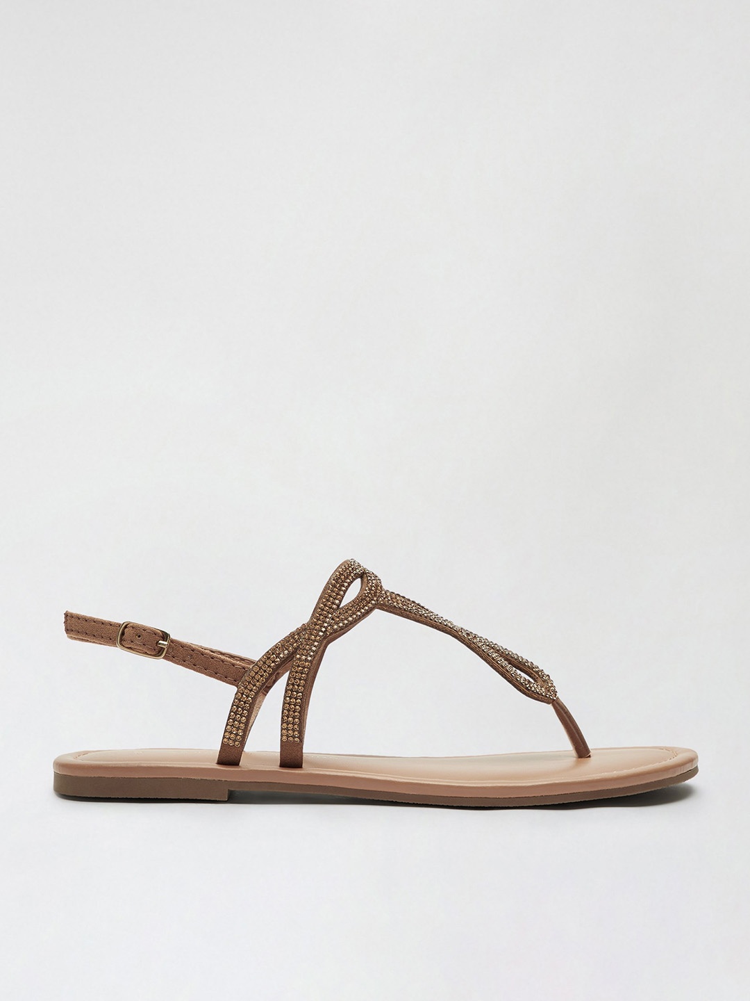 

DOROTHY PERKINS Women Brown Stone-Studded T-Strap Flats