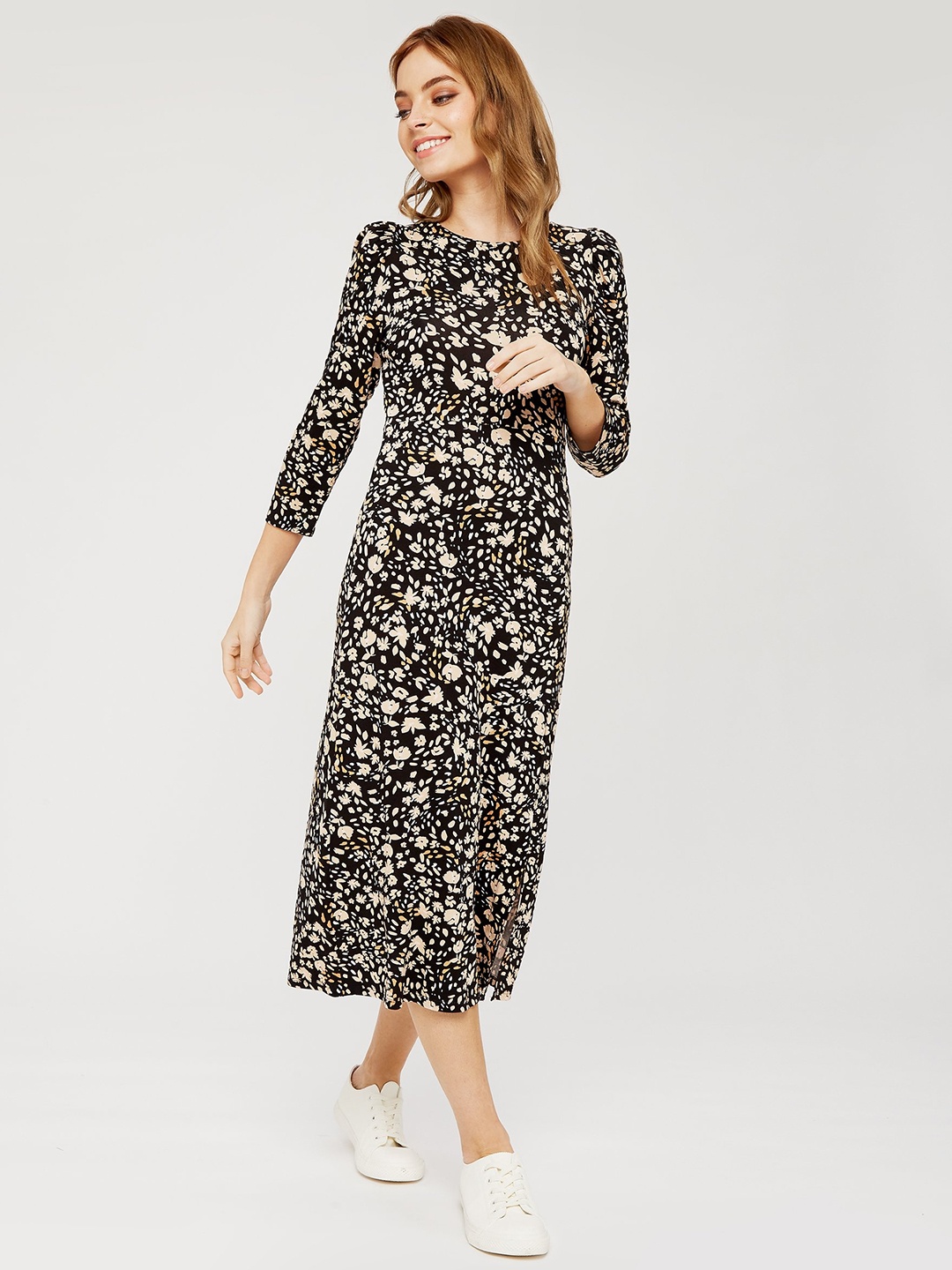

DOROTHY PERKINS Women Black & Beige Floral Print A-Line Dress
