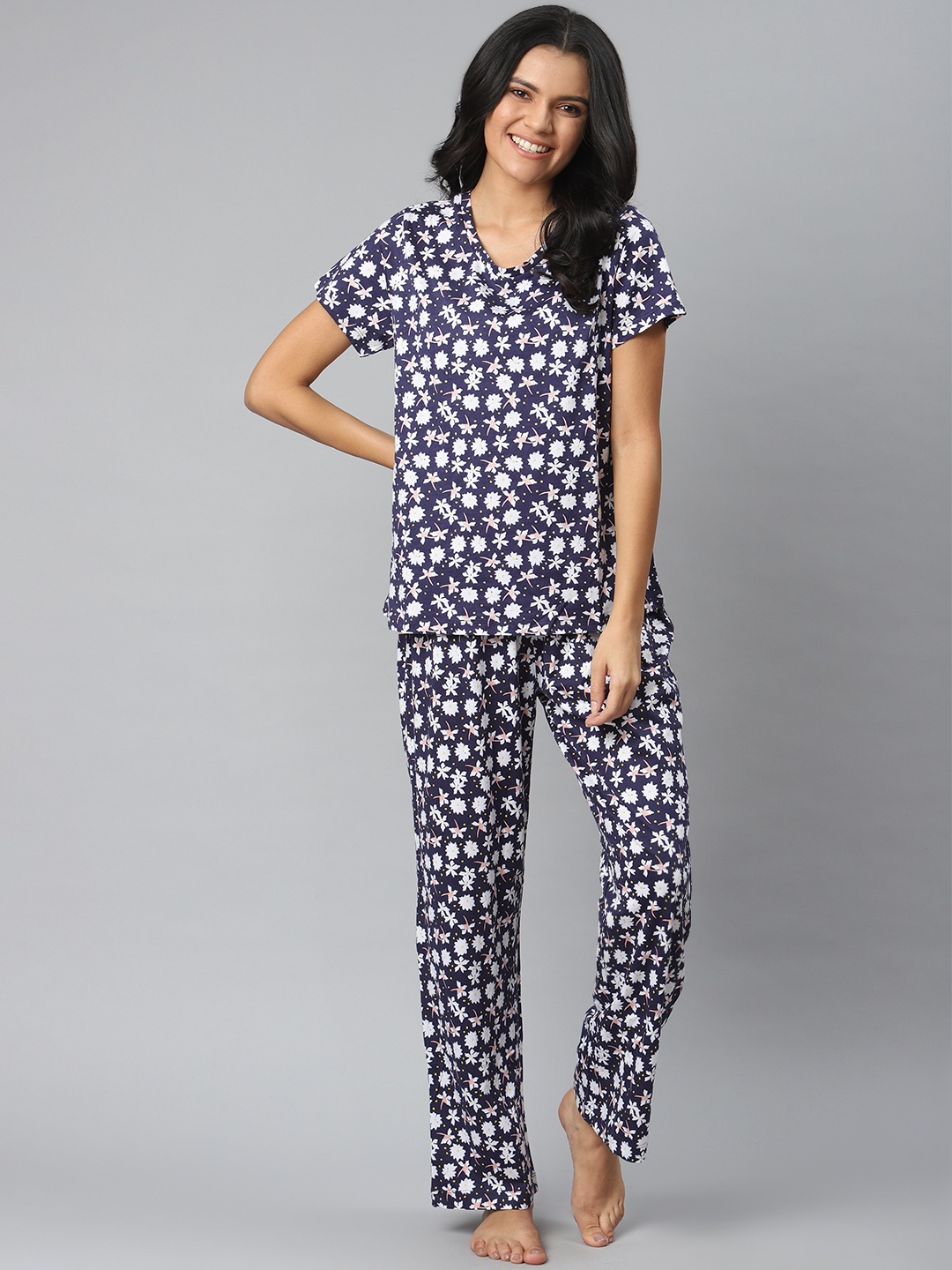 

DOROTHY PERKINS Women Pure Cotton Navy Blue & White Printed Night suit