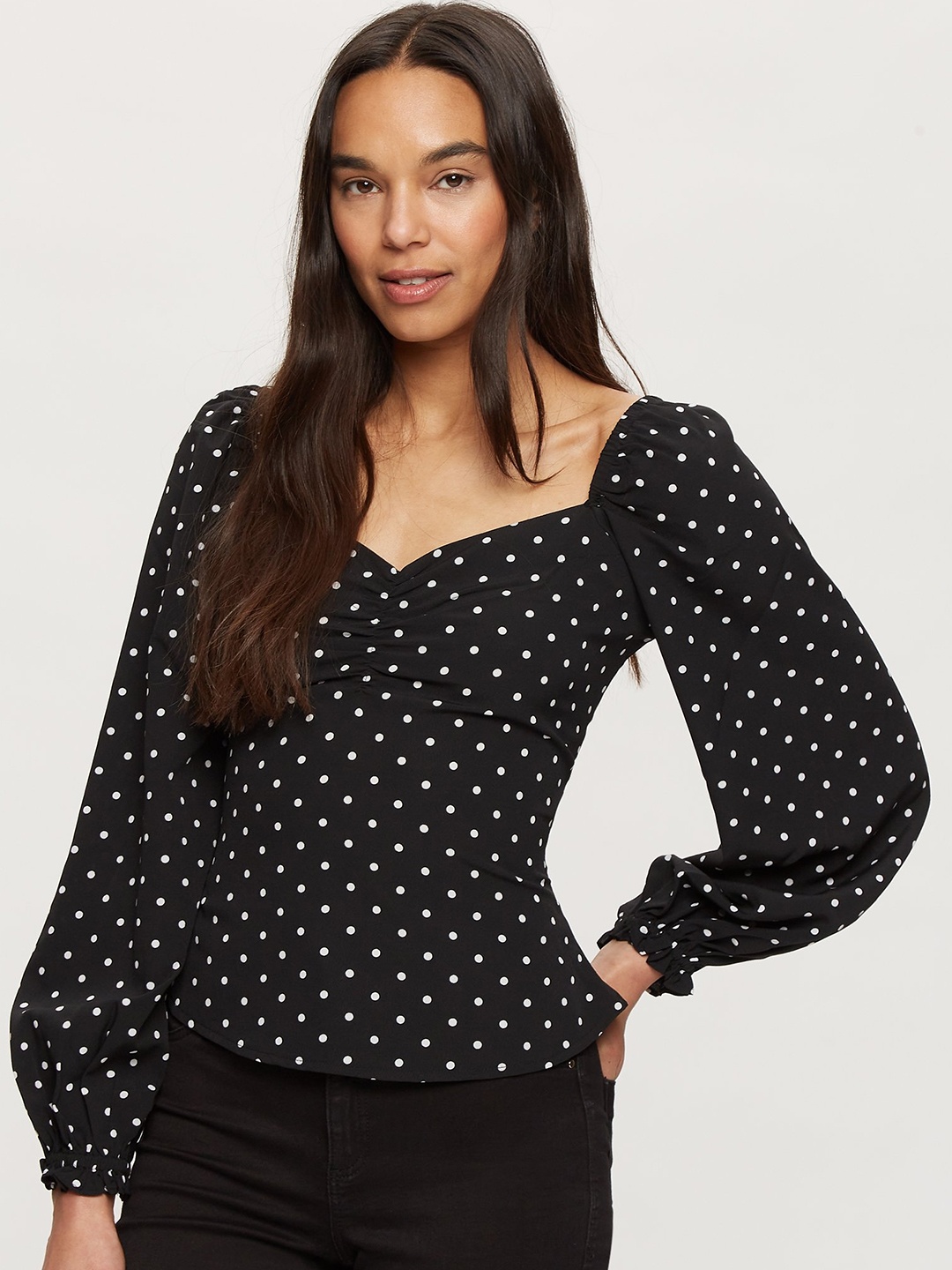 

DOROTHY PERKINS Black & White Printed Sweetheart Neck Puff Sleeves Monochrome Fitted Top