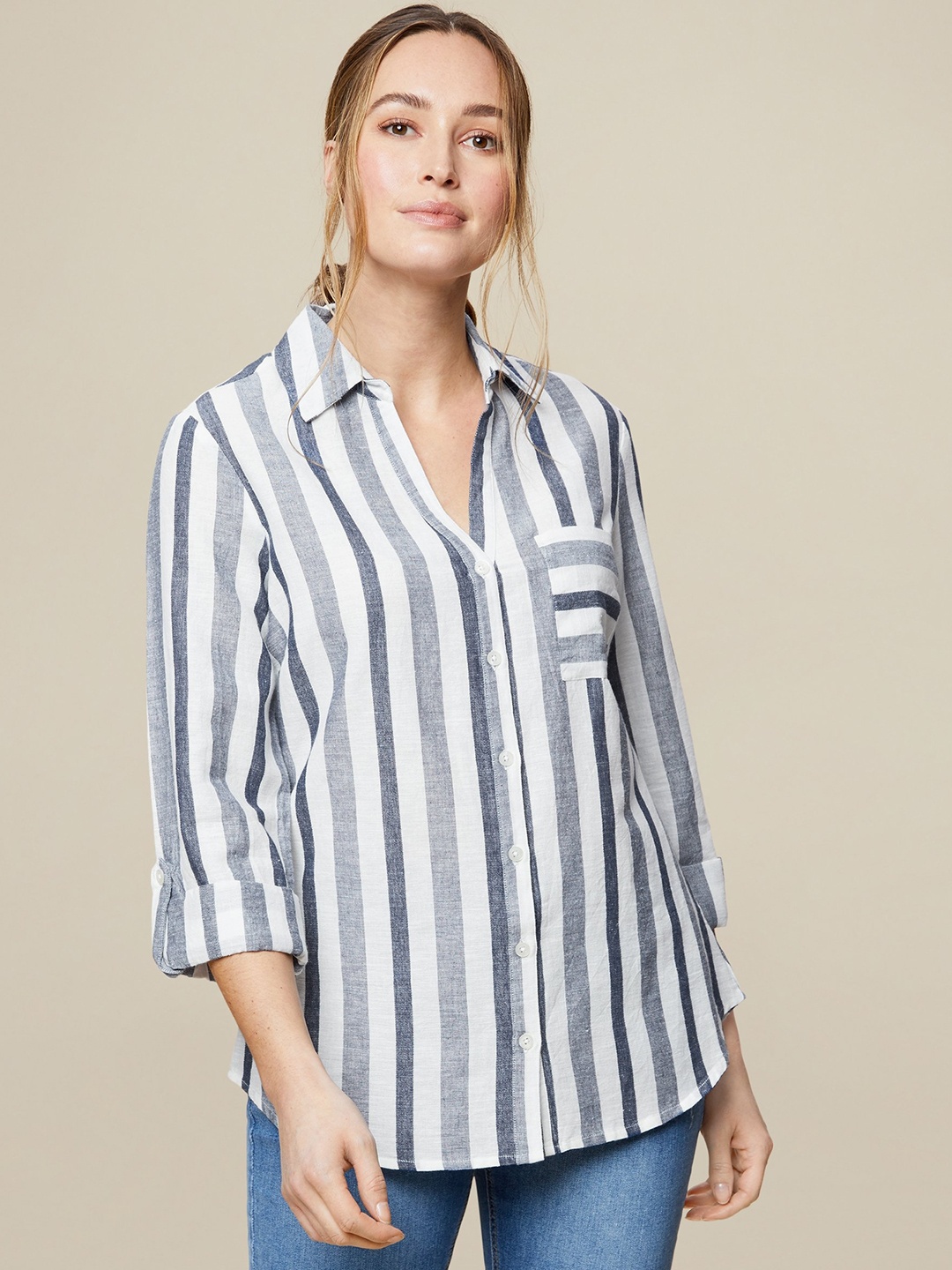 

DOROTHY PERKINS Women Blue & White Regular Fit Striped Casual Shirt
