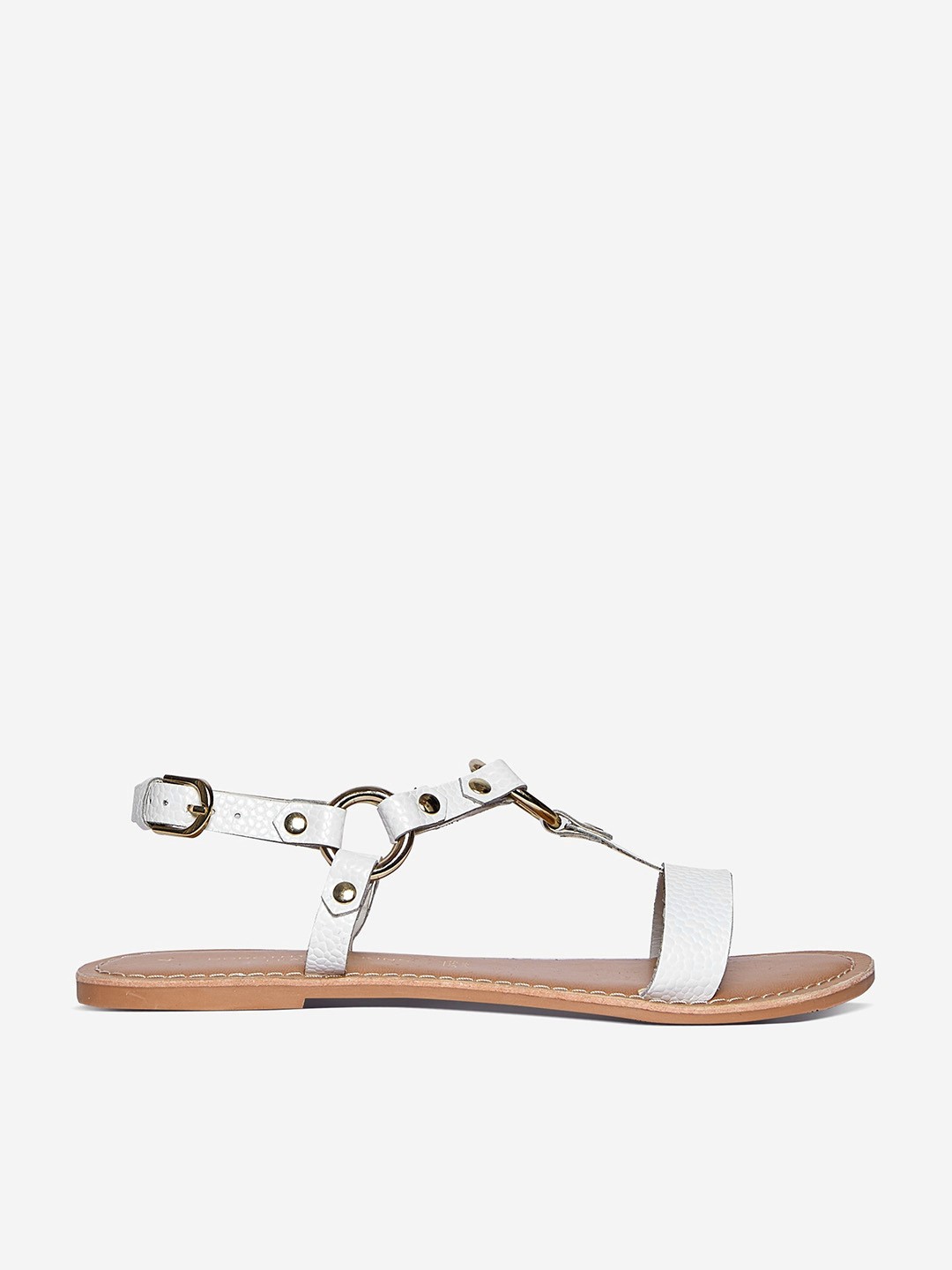 

DOROTHY PERKINS Women White & Gold-Toned Studded Leather Open Toe Flats