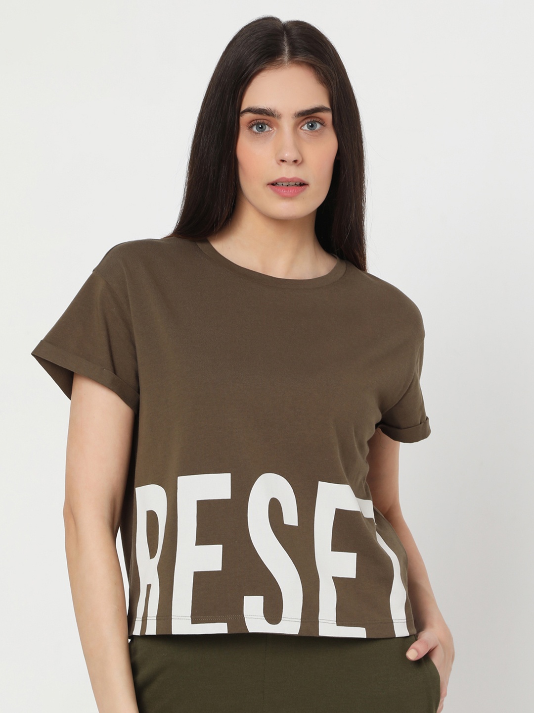 

Vero Moda Women Olive & White Printed T-shirt