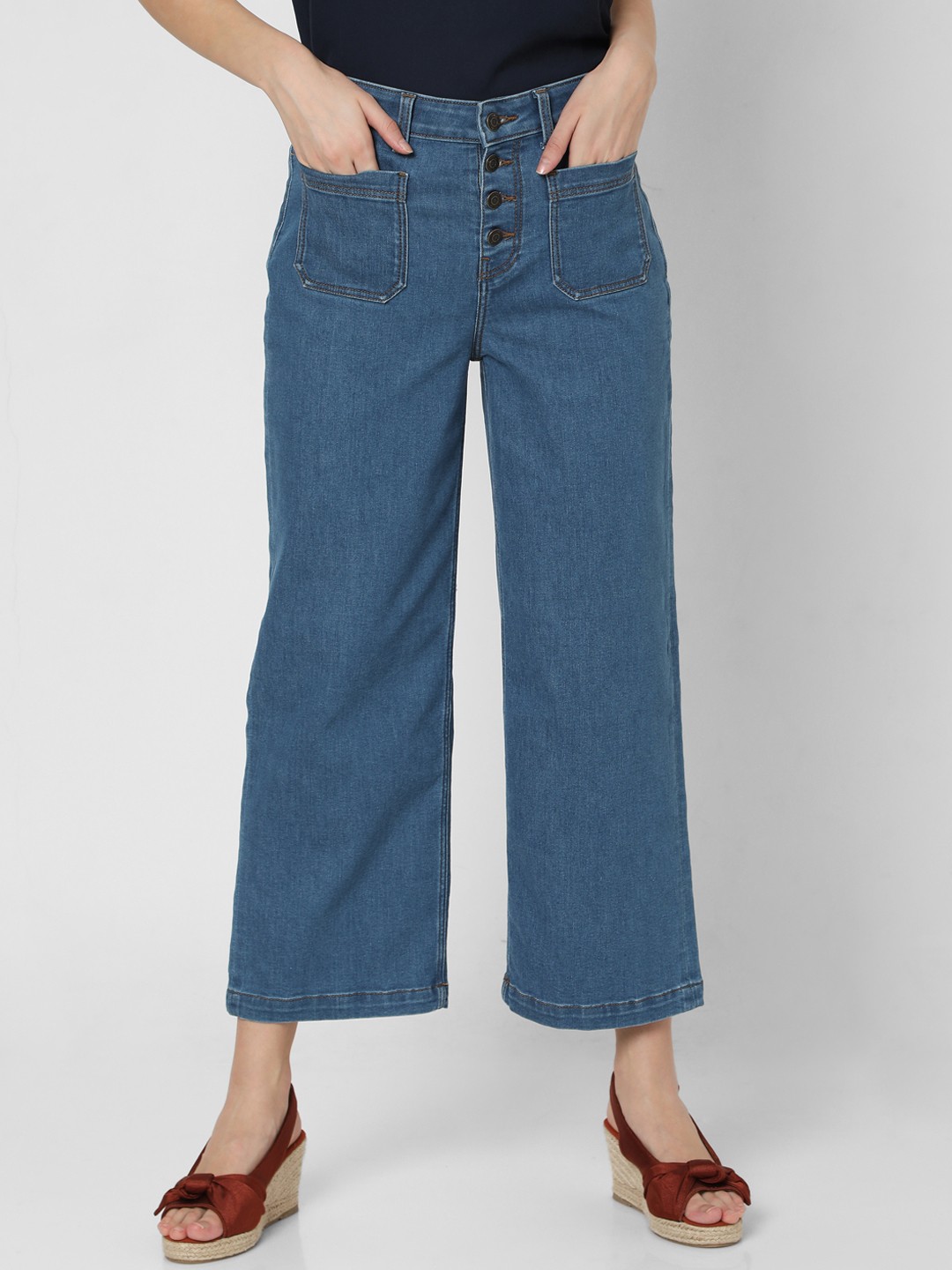 

Vero Moda Women Blue Wide Leg High-Rise Light Fade Stretchable Jeans