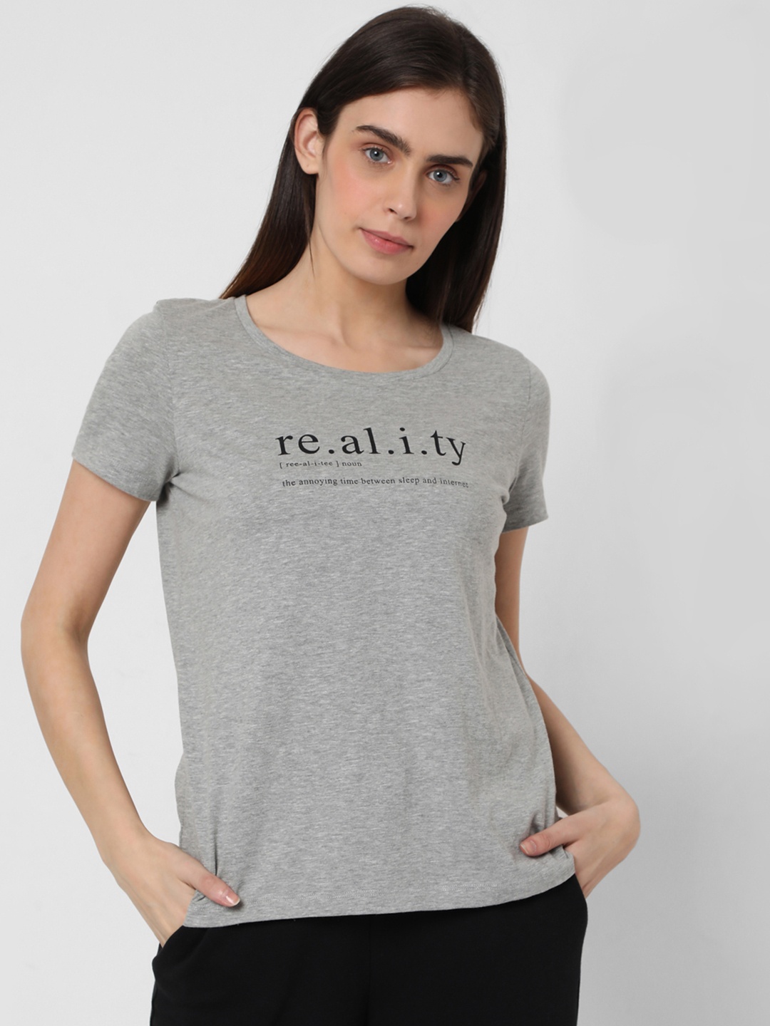 

Vero Moda Women Grey Melange Printed Pure Cotton T-shirt