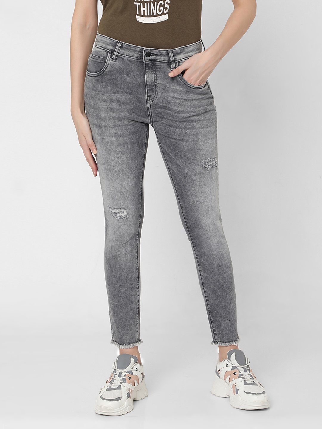 

Vero Moda Women Grey Skinny Fit High-Rise Low Distress Heavy Fade Acid Wash Stretchable Jeans