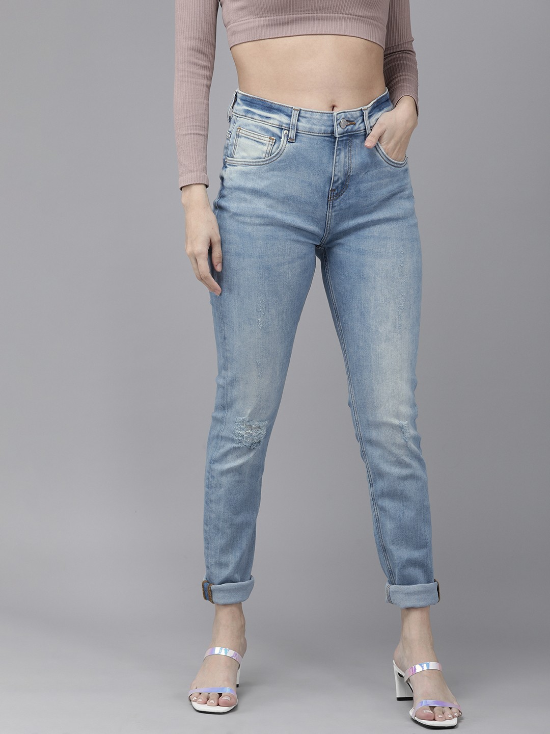 

Vero Moda Women Blue Skinny Fit High-Rise Mildly Distressed Heavy Fade Stretchable Jeans