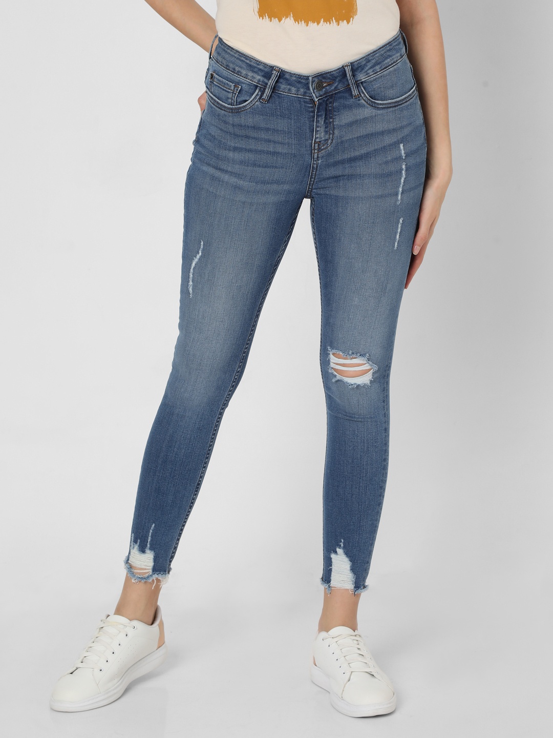 

Vero Moda Women Blue Skinny Fit Low Distress Light Fade Stretchable Jeans