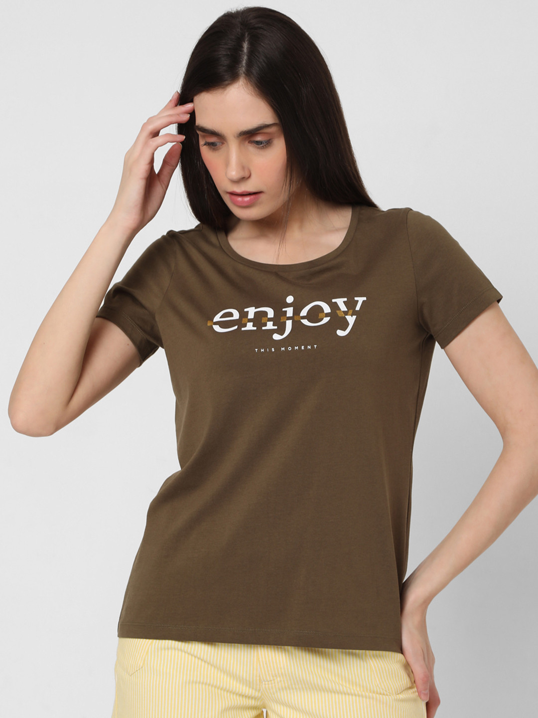 

Vero Moda Women Olive Printed Pure Cotton T-shirt
