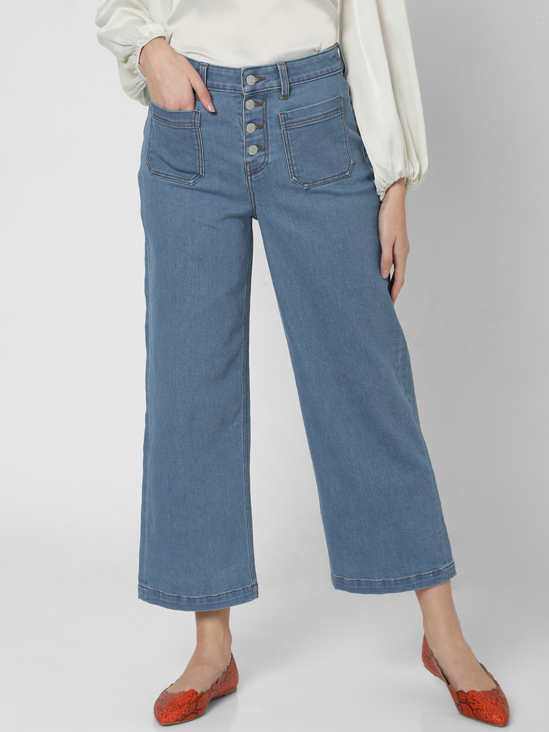 

Vero Moda Women Blue Wide Leg High-Rise Stretchable Jeans