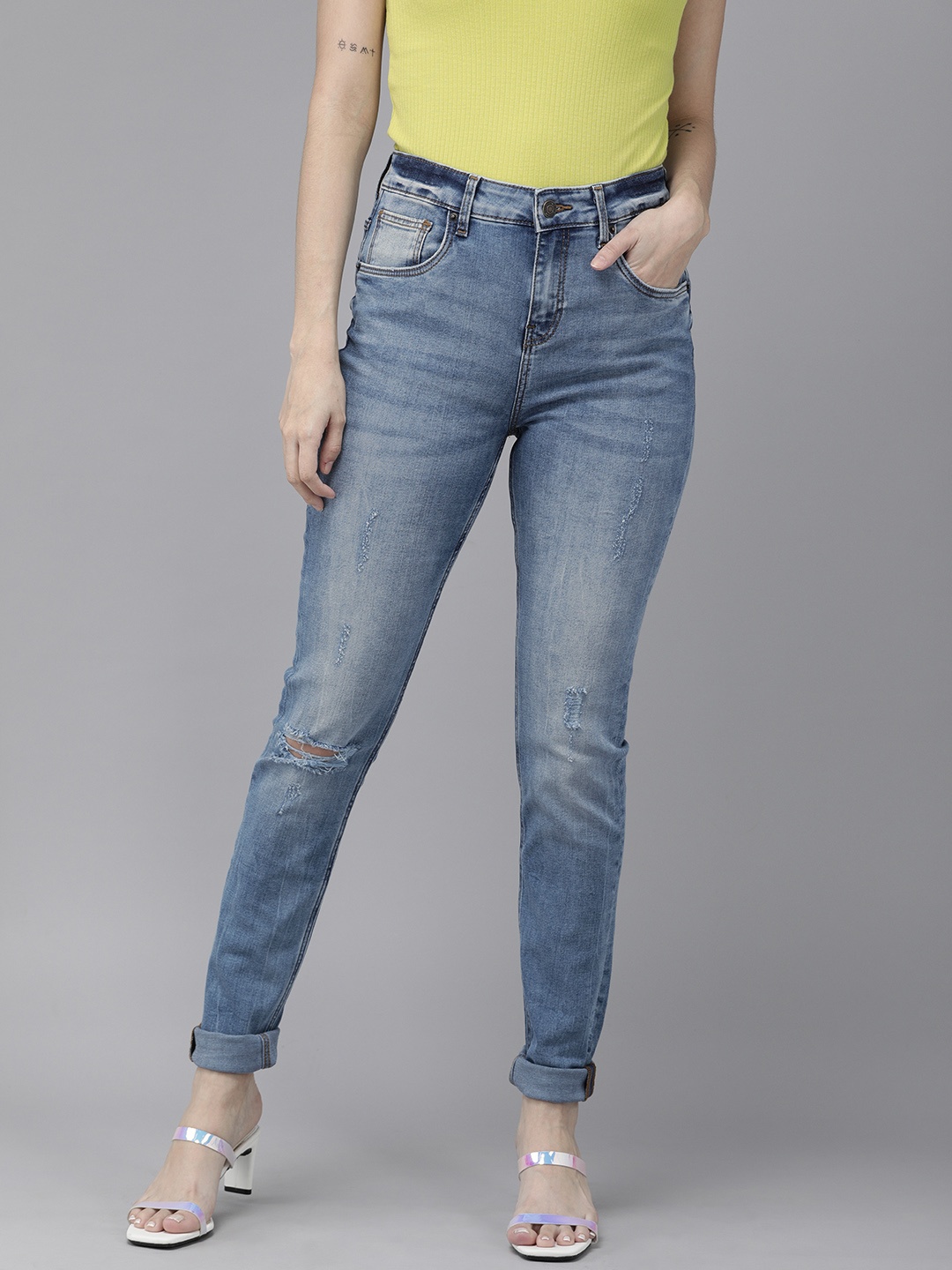 

Vero Moda Women Blue Skinny Fit High-Rise Mildly Distressed Heavy Fade Stretchable Jeans