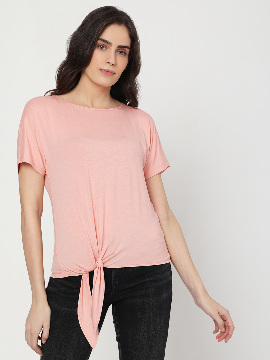 

Vero Moda Women Coral Pink Solid Extended Sleeves Tie-Up Hem T-shirt