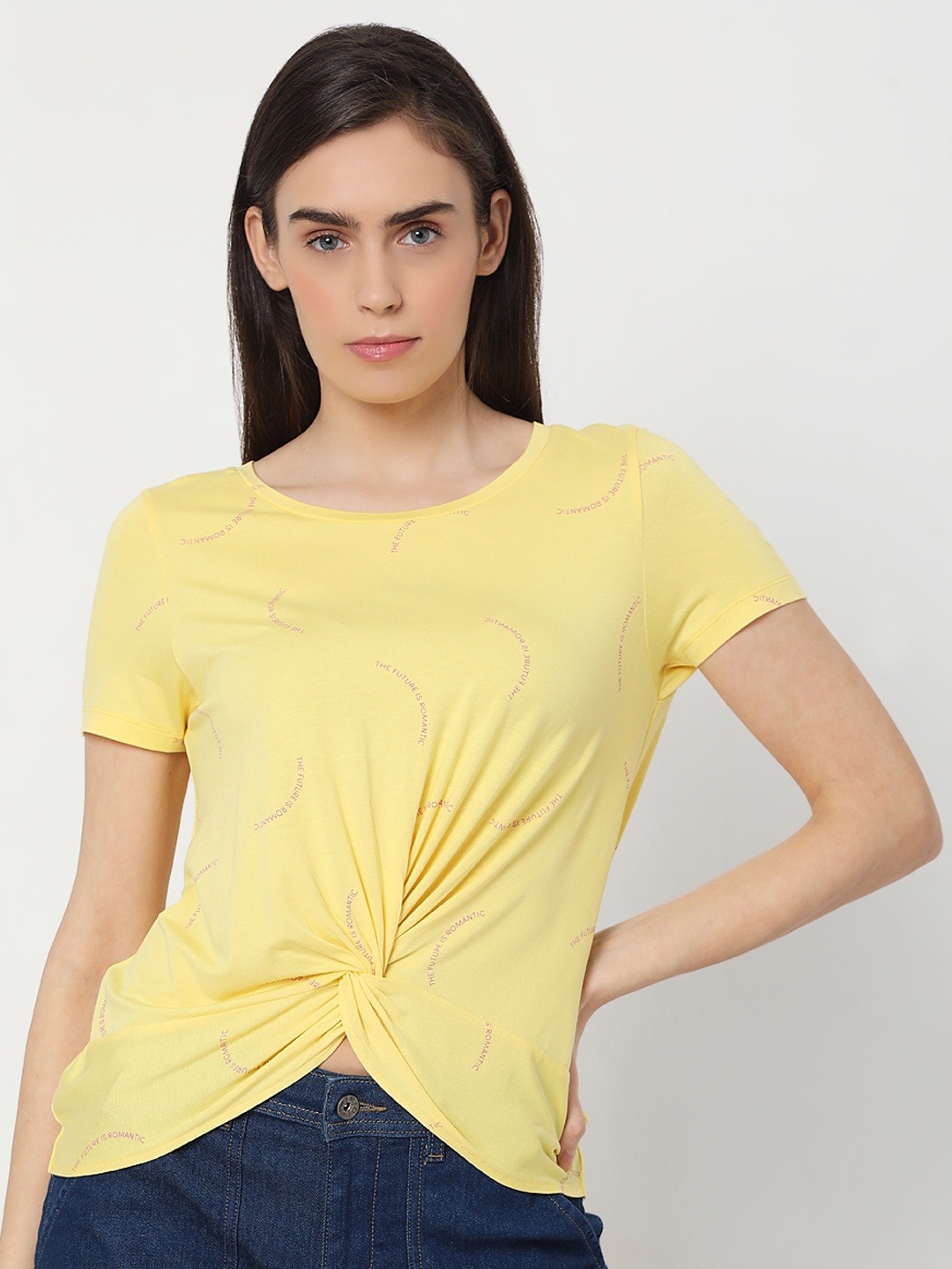 

Vero Moda Women Yellow Typography Printed Twisted Pure Cotton T-shirt
