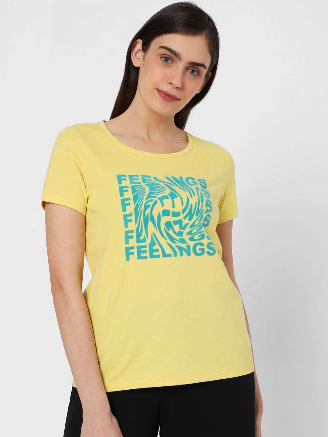

Vero Moda Women Yellow Typography Printed Pure Cotton T-shirt