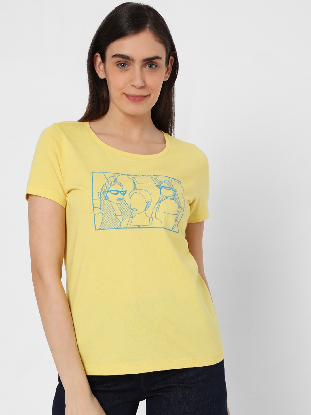 

Vero Moda Women Yellow Printed Pure Cotton T-shirt