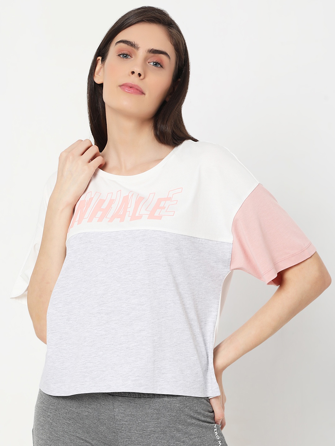 

Vero Moda Women White Grey Melange Typography Printed Drop-Shoulder Sleeves Pure Cotton T-shirt