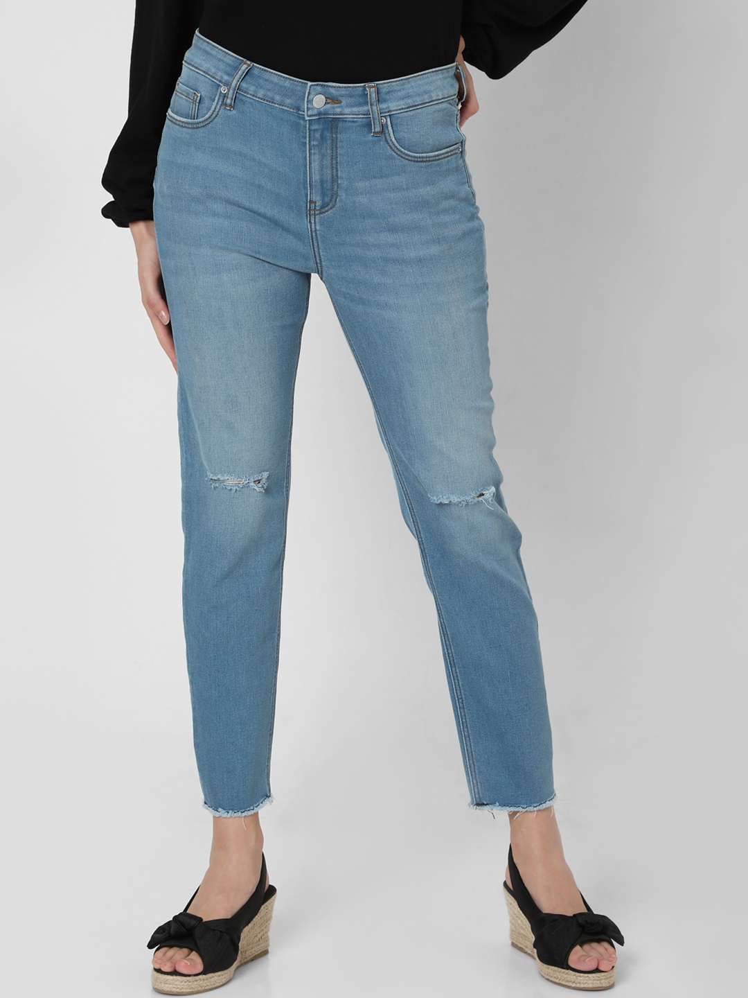 

Vero Moda Women Blue Straight Fit High-Rise Slash Knee Light Fade Stretchable Crop Jeans