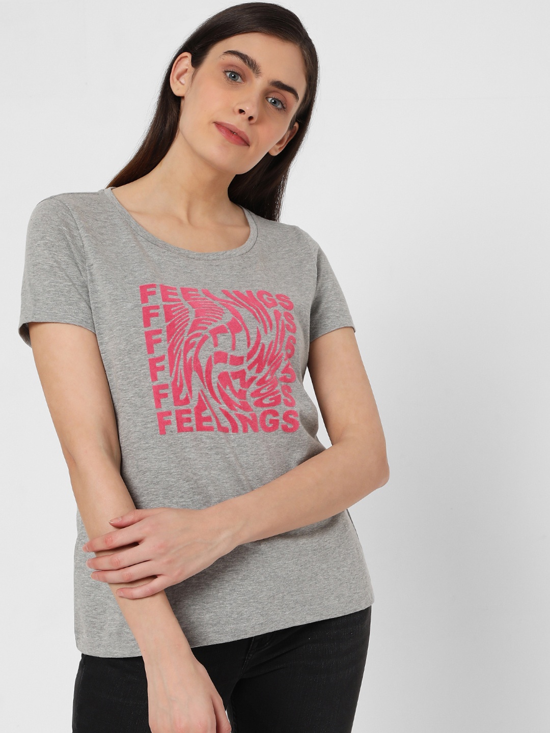 

Vero Moda Women Grey Melange Typography Printed Pure Cotton T-shirt