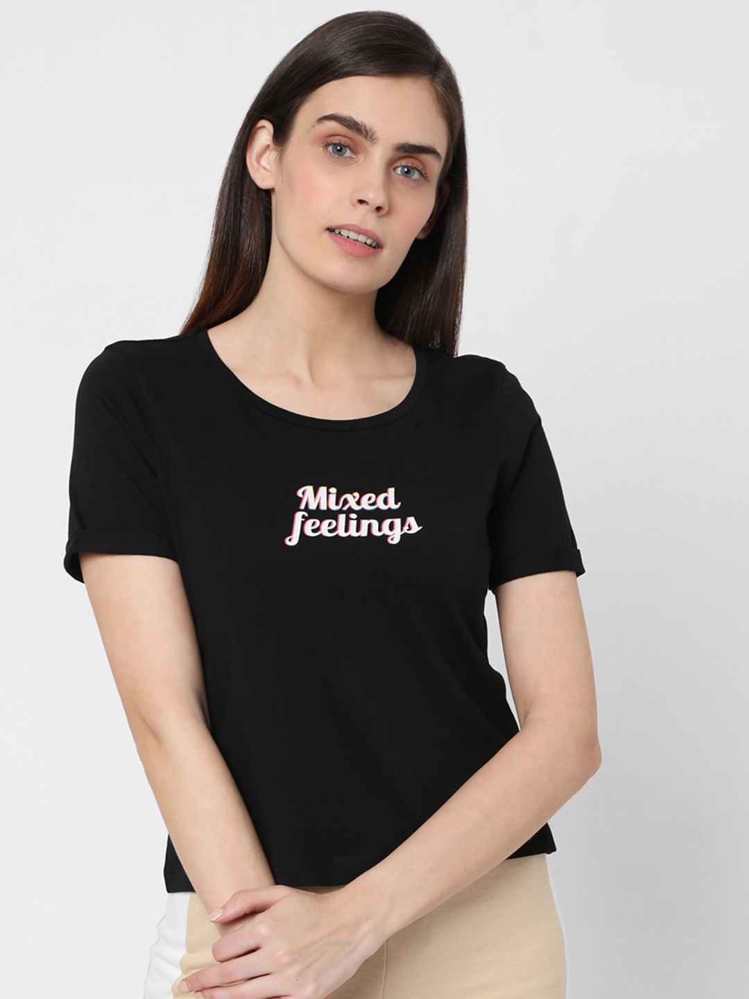 

Vero Moda Women Black Printed Pure Cotton T-shirt