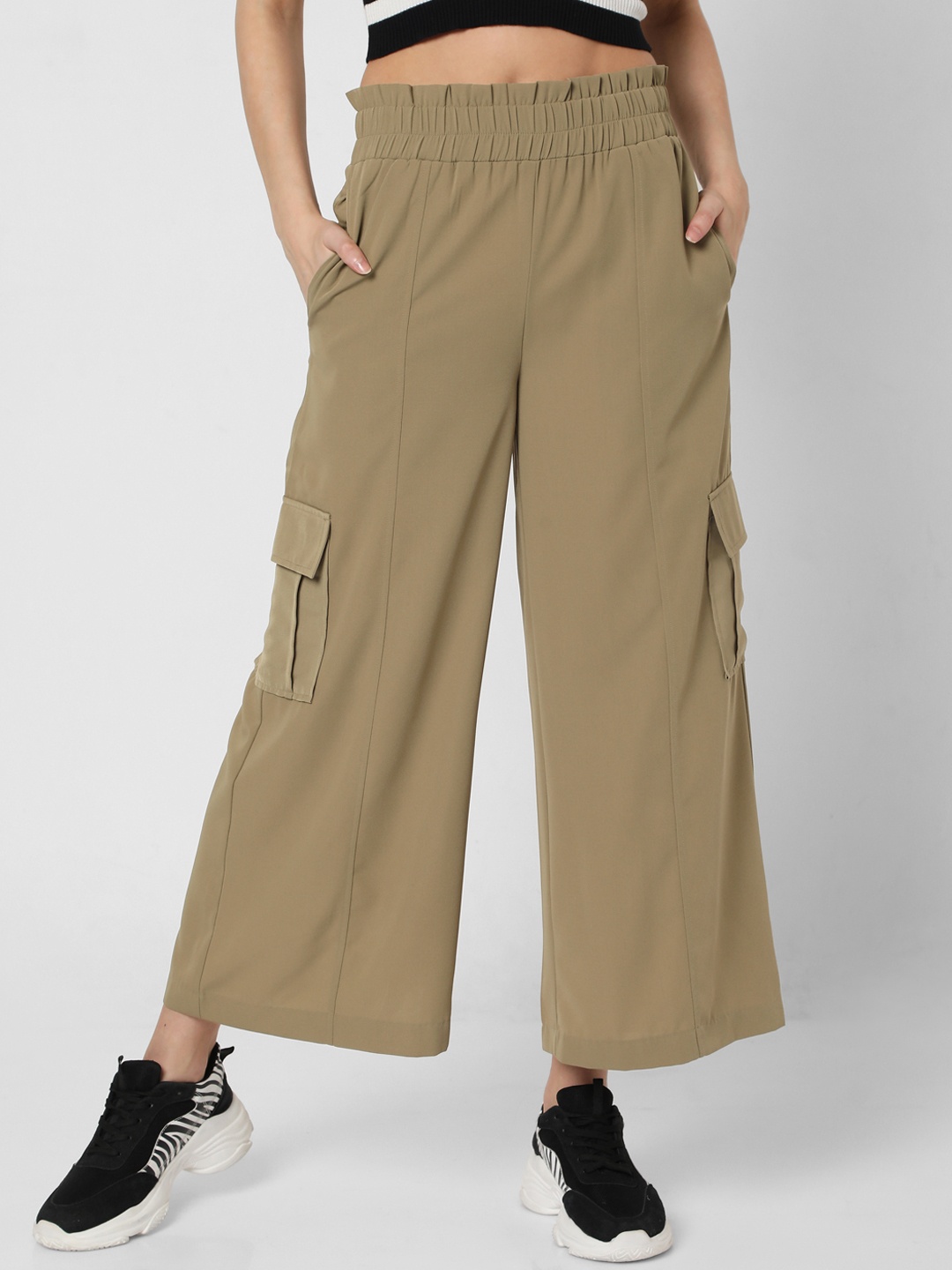 

Vero Moda Women Olive Green Pleated Wide Cargos Trousers