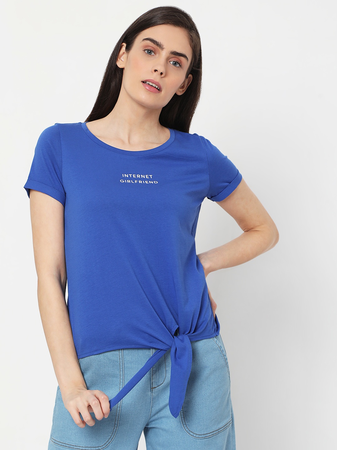 

Vero Moda Women Blue Typography Printed Pure Cotton T-shirt with Tie-Ups