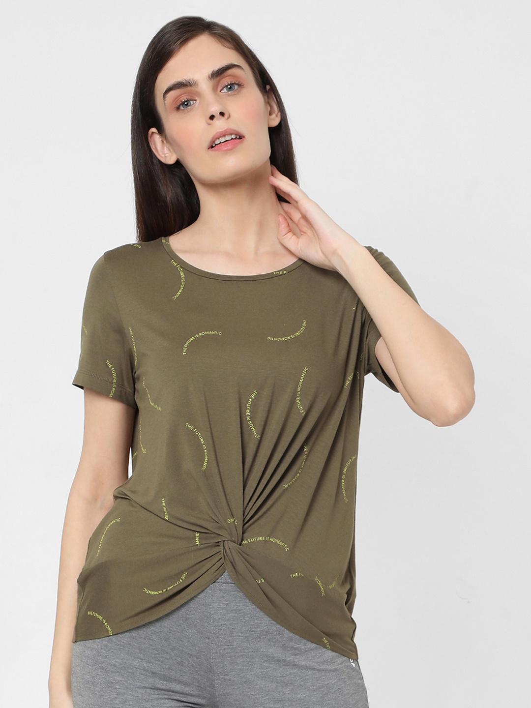 

Vero Moda Women Olive Green Typography Printed T-shirt