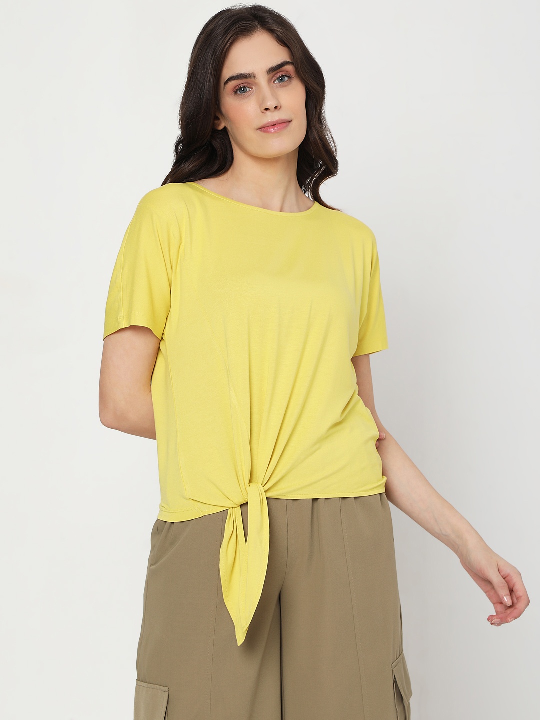 

Vero Moda Women Lime Green Solid Extended Sleeves Tie-Up Hem T-shirt