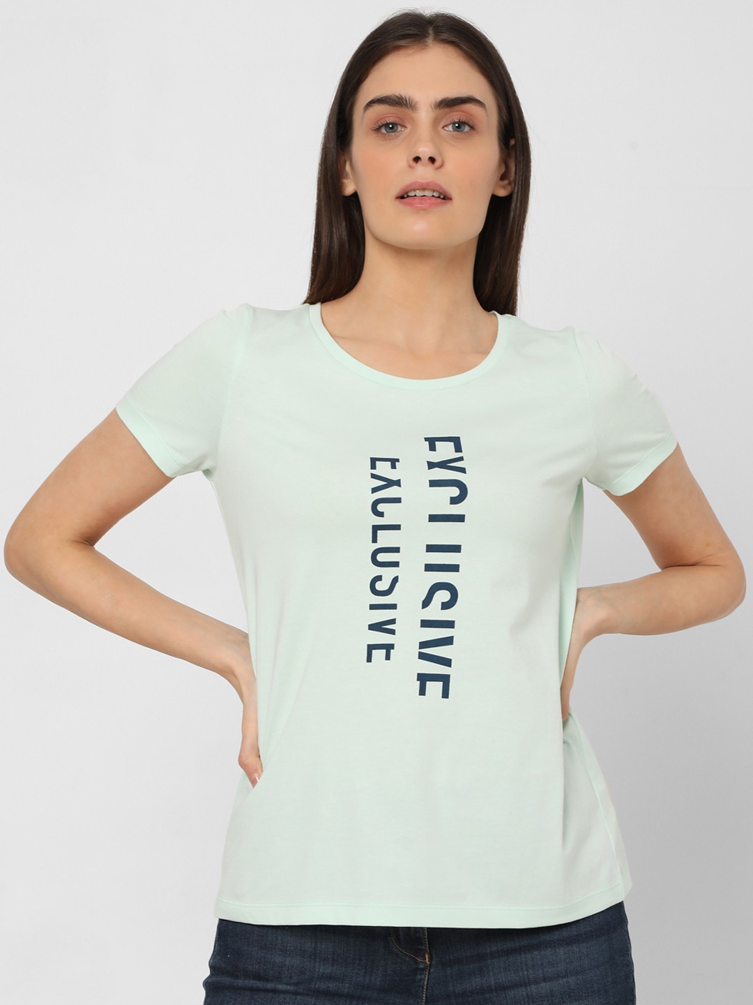 

Vero Moda Women Sea Green Navy Blue Printed Pure Cotton T-shirt