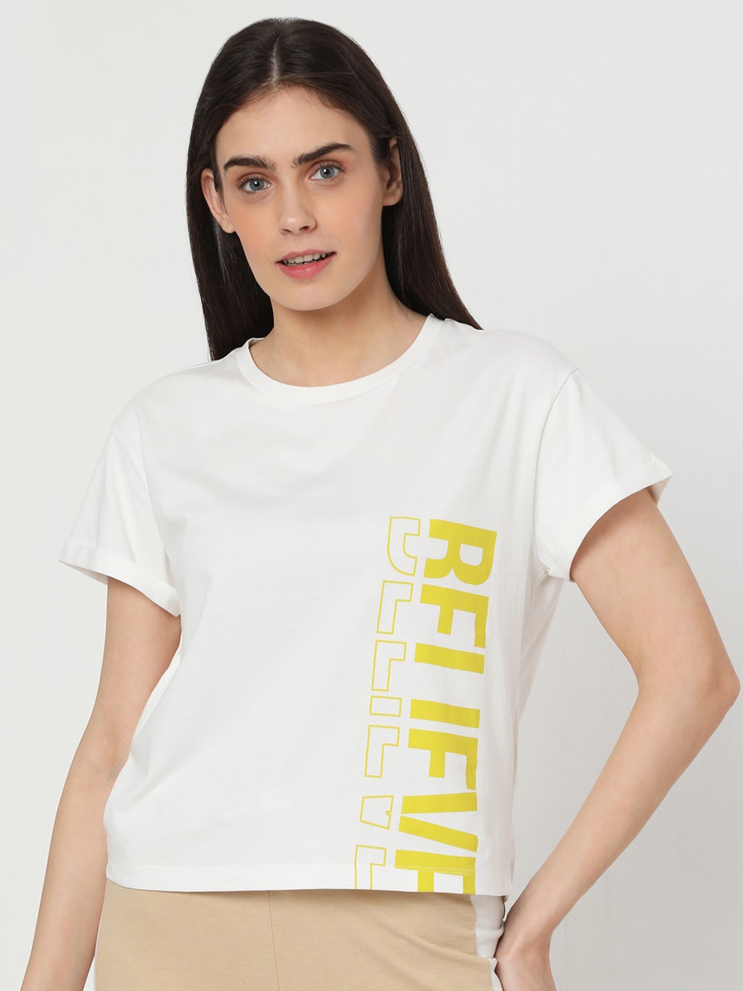 

Vero Moda Women White Printed Extended Sleeves Pure Cotton T-shirt