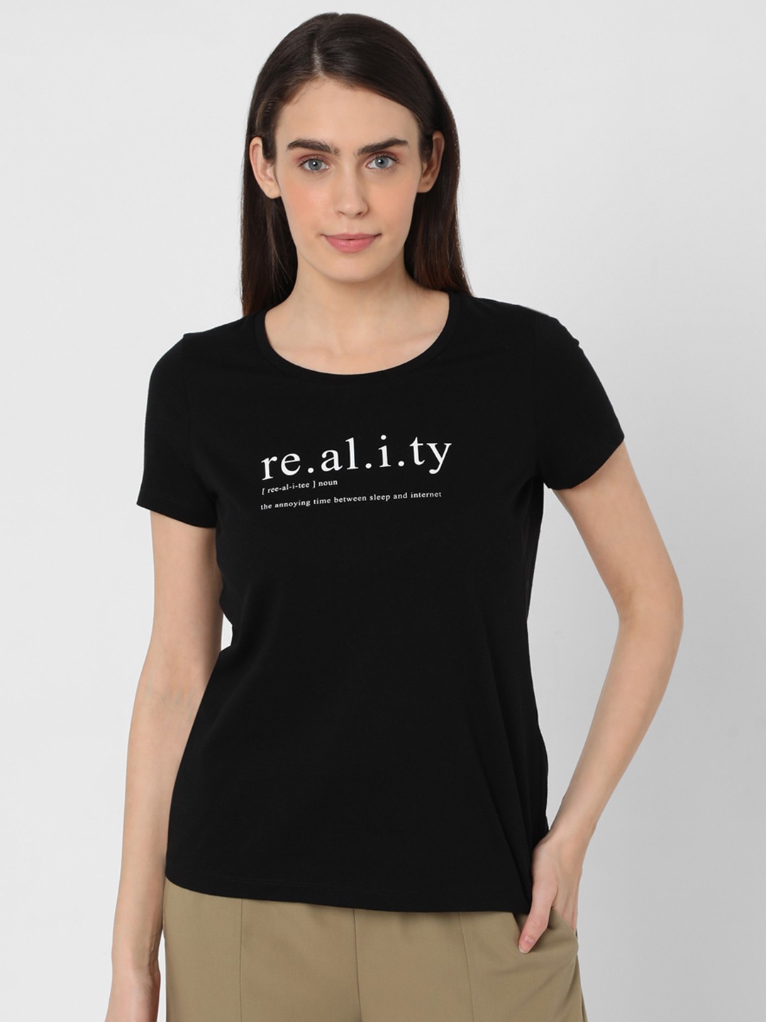 

Vero Moda Women Black Typography Printed Pure Cotton T-shirt