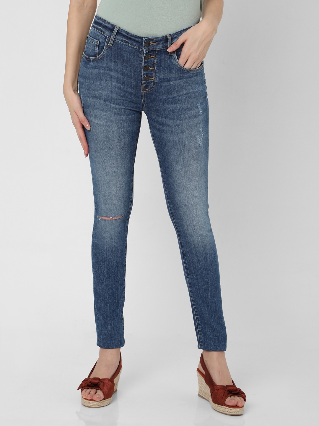 

Vero Moda Women Blue Skinny Fit High-Rise Mildly Distressed Light Fade Stretchable Jeans