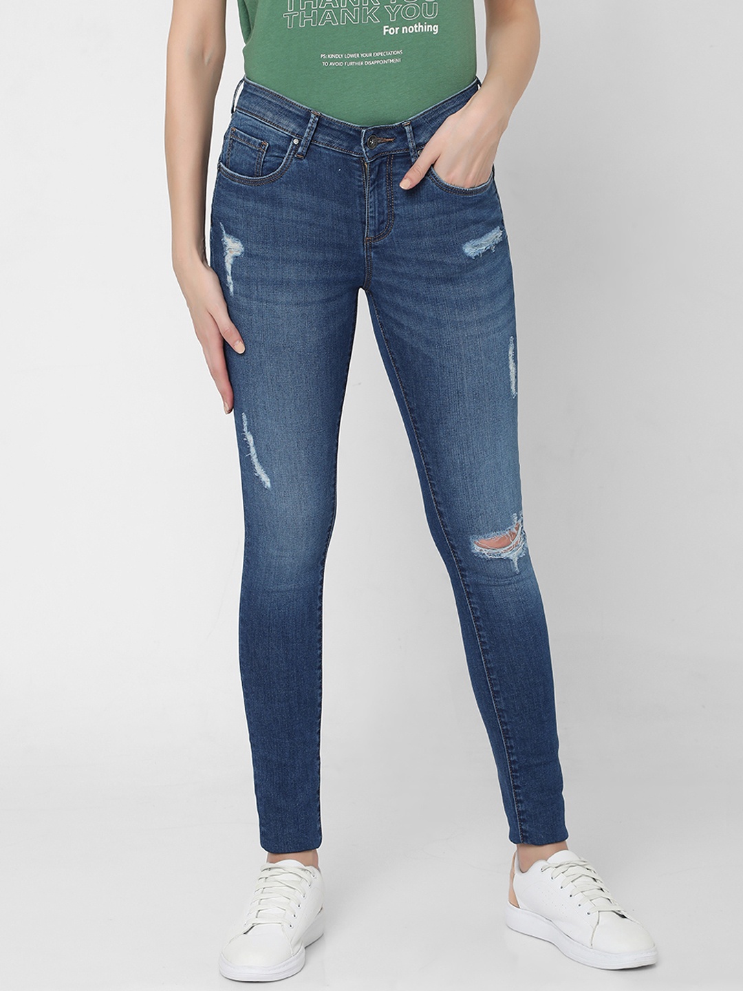 

Vero Moda Women Blue Skinny Fit Highly Distressed Light Fade Jeans