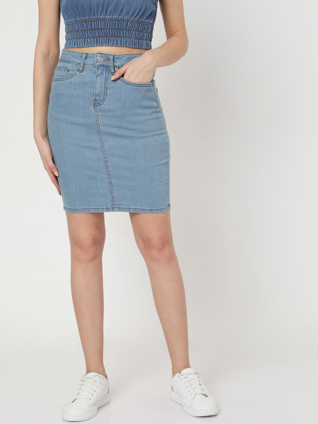 

Vero Moda Women Blue Solid Denim Pencil Skirt