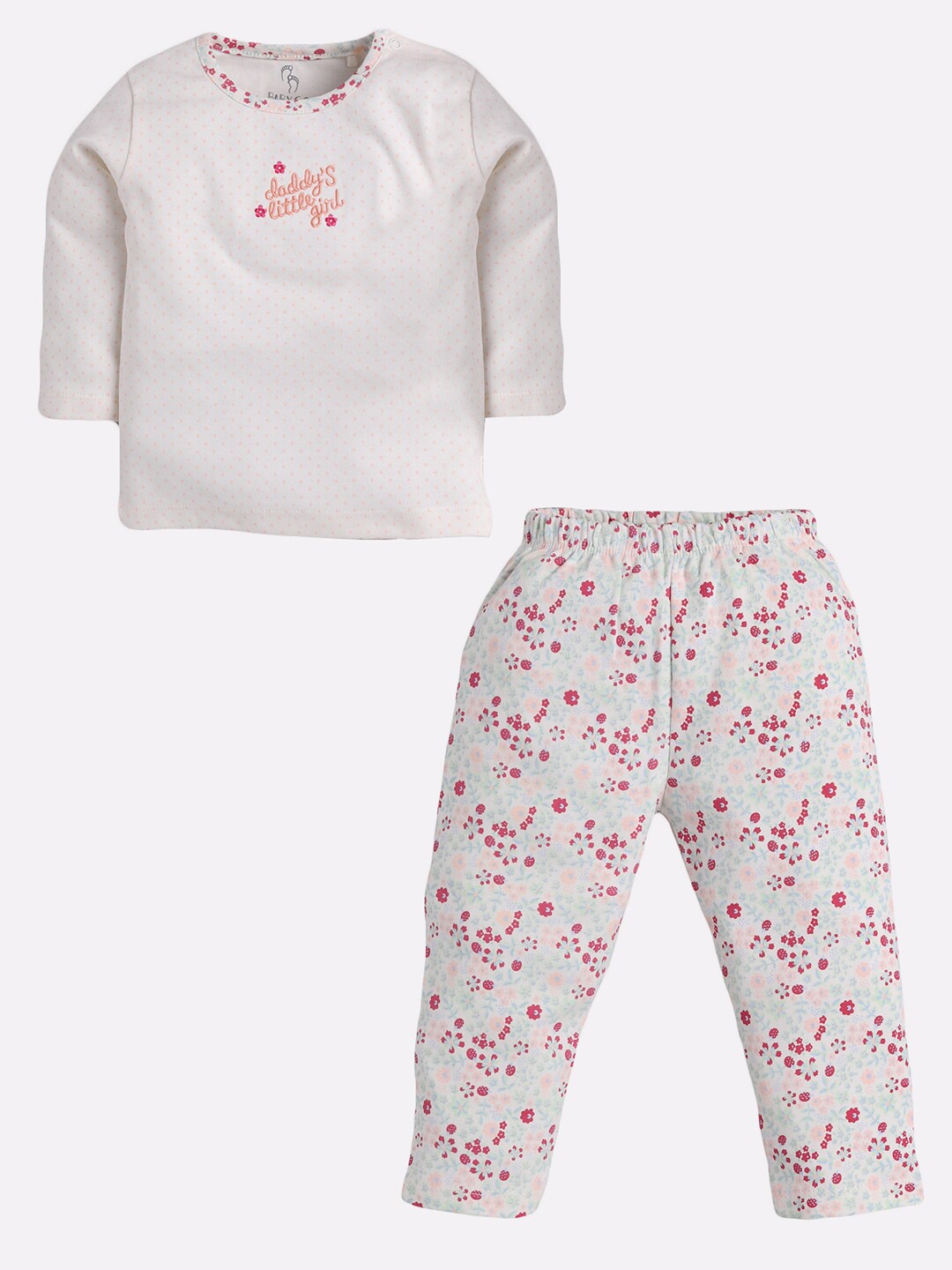 

BABY GO Unisex Kids White & Pink Printed Pure Cotton Top with Pyjamas