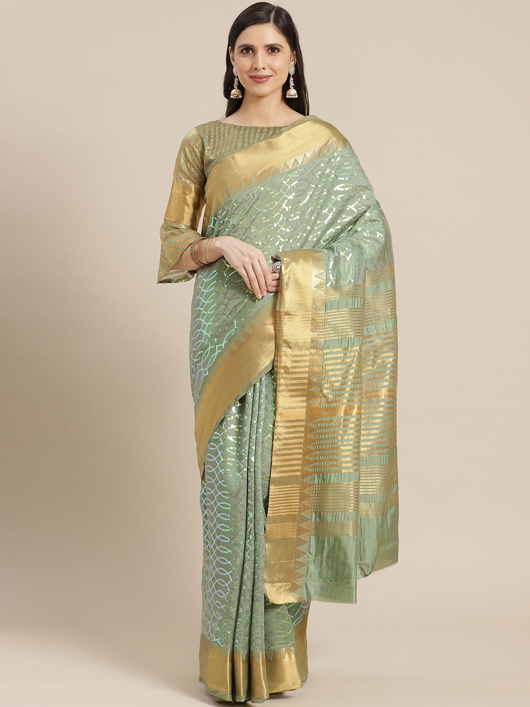 

Mitera Green & Golden Embellished Sequinned Heavy Work Saree